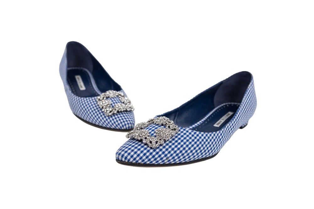 Manolo Blahnik Blue White Gingham Hangisi Flat Silver Hardware Size 41